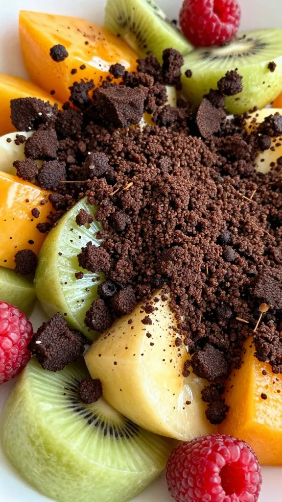 Mixed leftover fruit salad topped with brownie crumbles, close-up