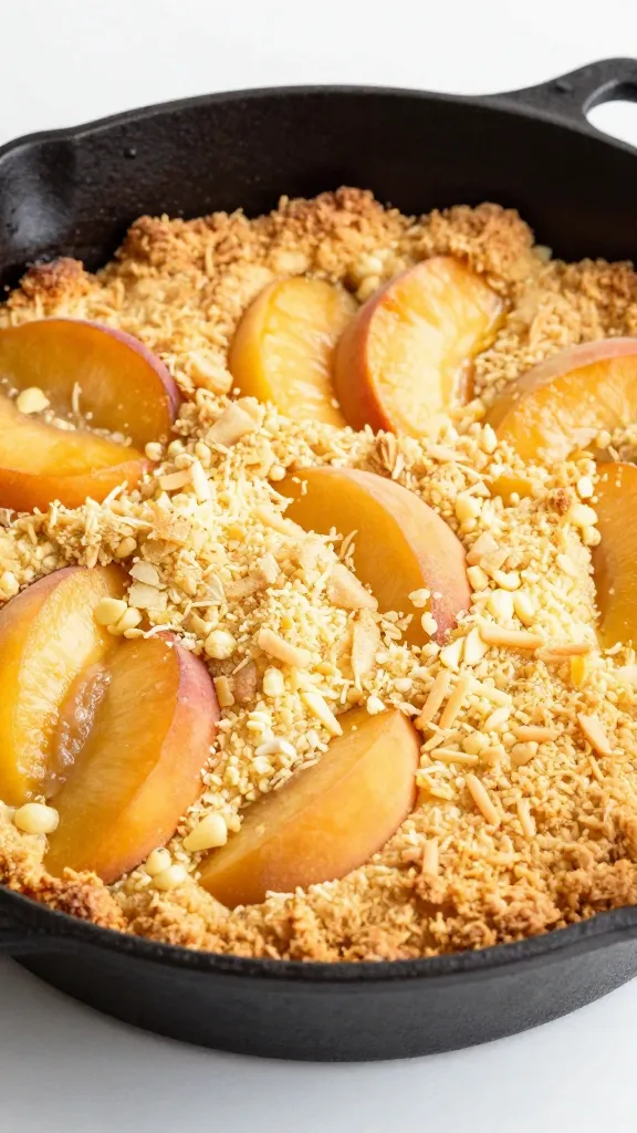 golden peach cobbler with buttery crust in cast-iron skillet