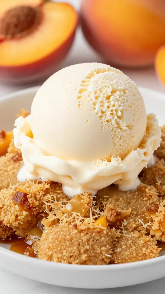 scoop of warm peach cobbler with vanilla ice cream