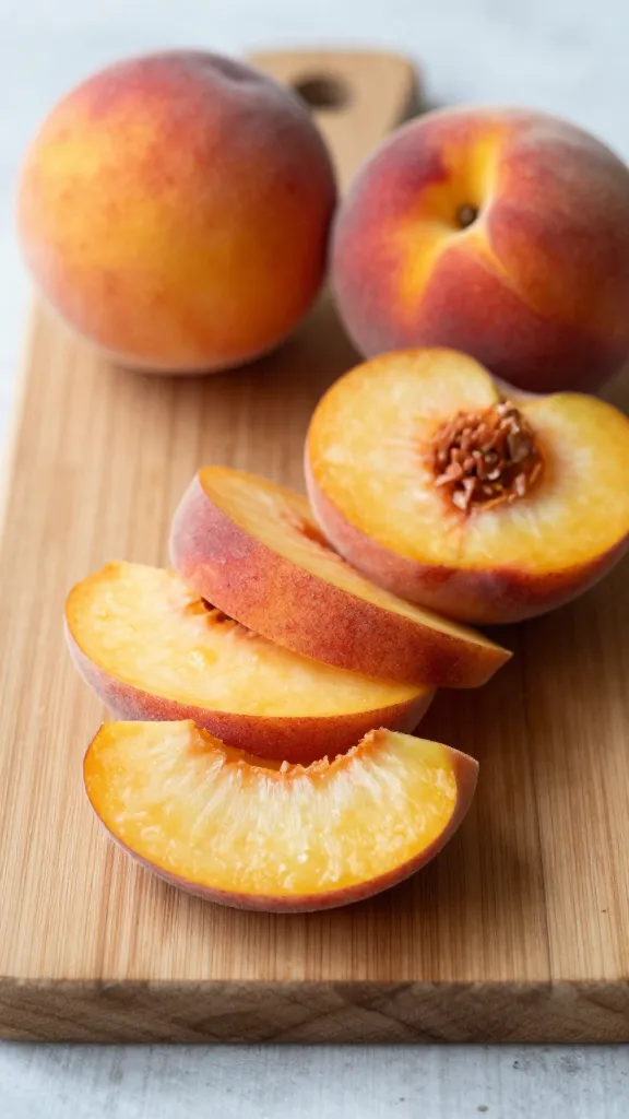 sliced fresh peaches and simple ingredients on wooden board