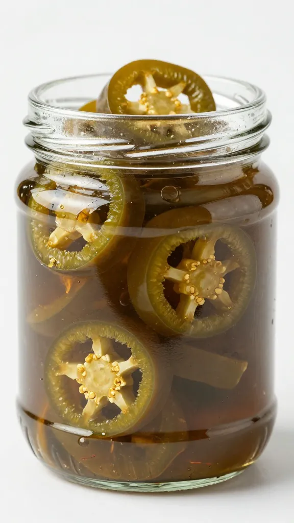candied jalapeño rings in glossy syrup, glass jar