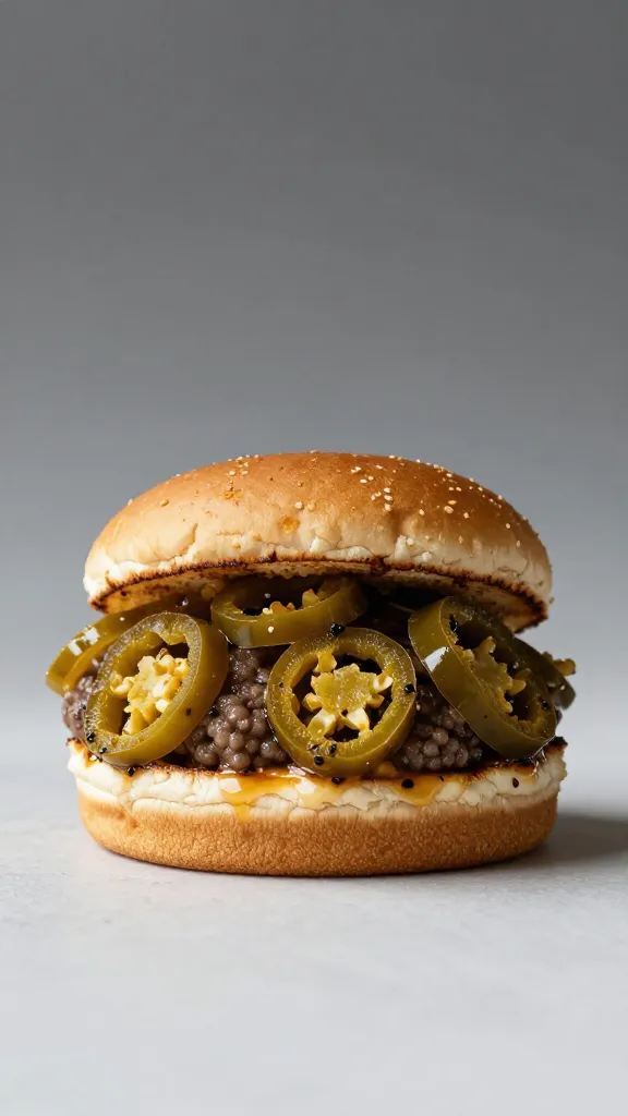 burger topped with candied jalapeños, studio lighting
