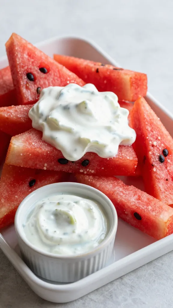 Watermelon fries with yogurt-lime dip on white tray