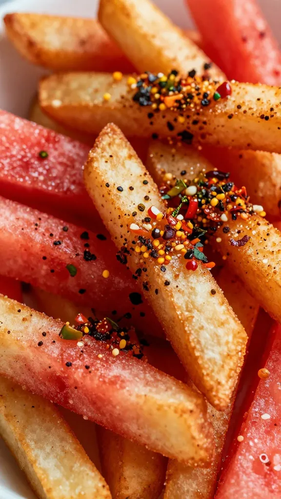 Close-up watermelon fries sprinkled with chili-lime tajín