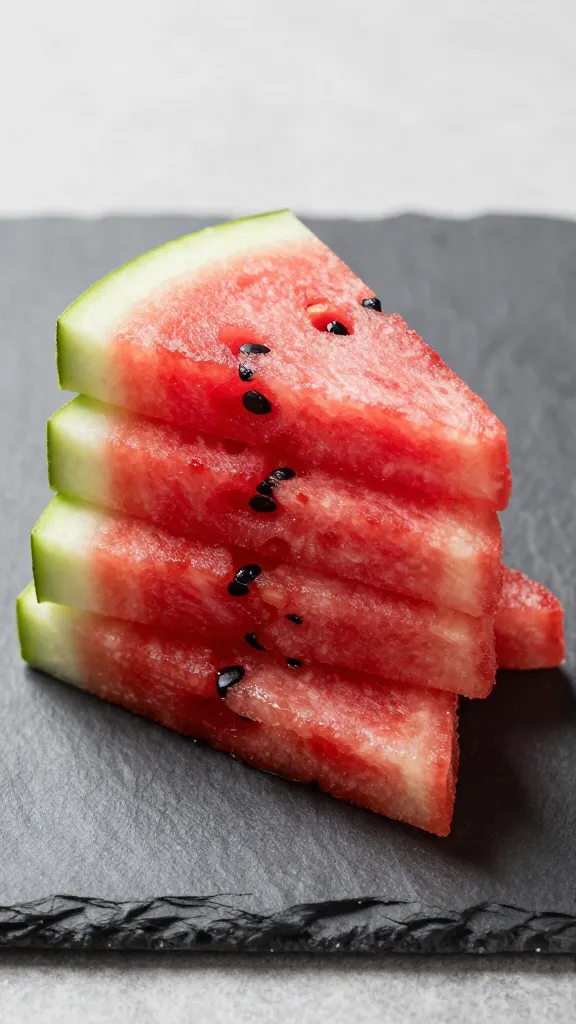 Stacked watermelon fries on slate board, summer light