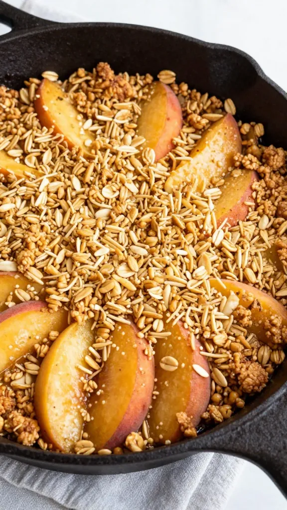 peach crisp in cast-iron skillet, golden oat topping
