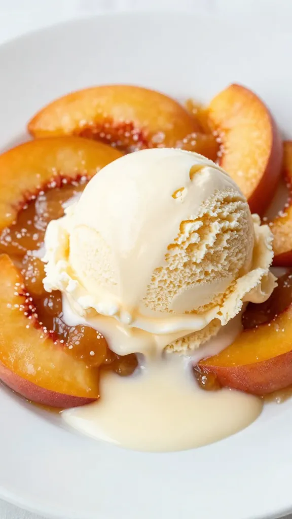 spoonful of warm peach crisp with melting vanilla ice cream