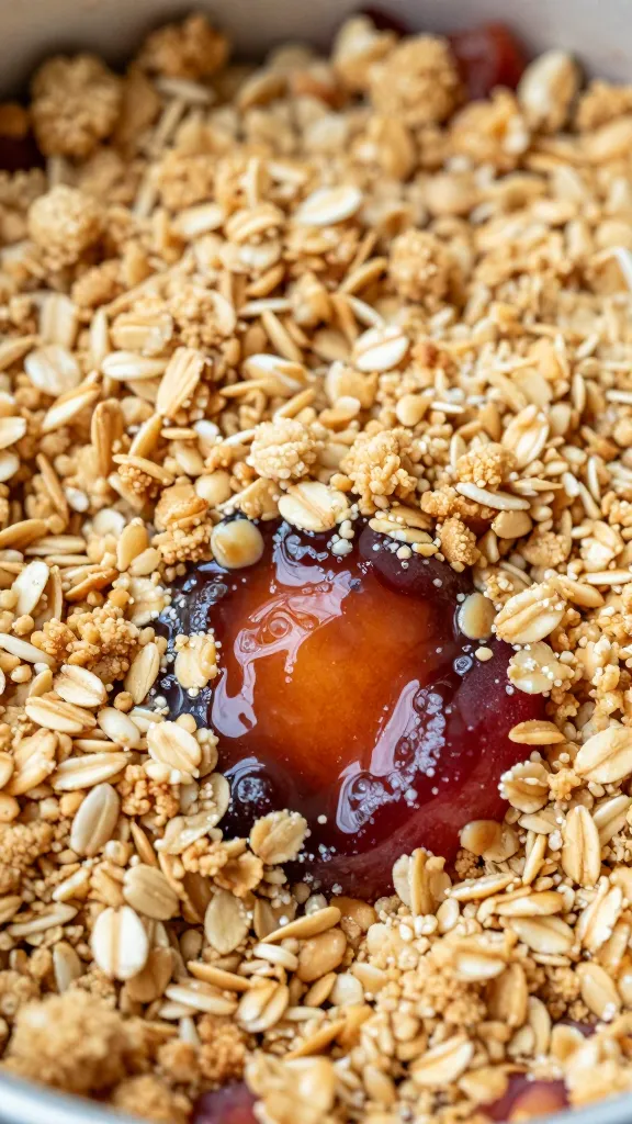 close-up jammy peaches bubbling under crunchy oat crumble