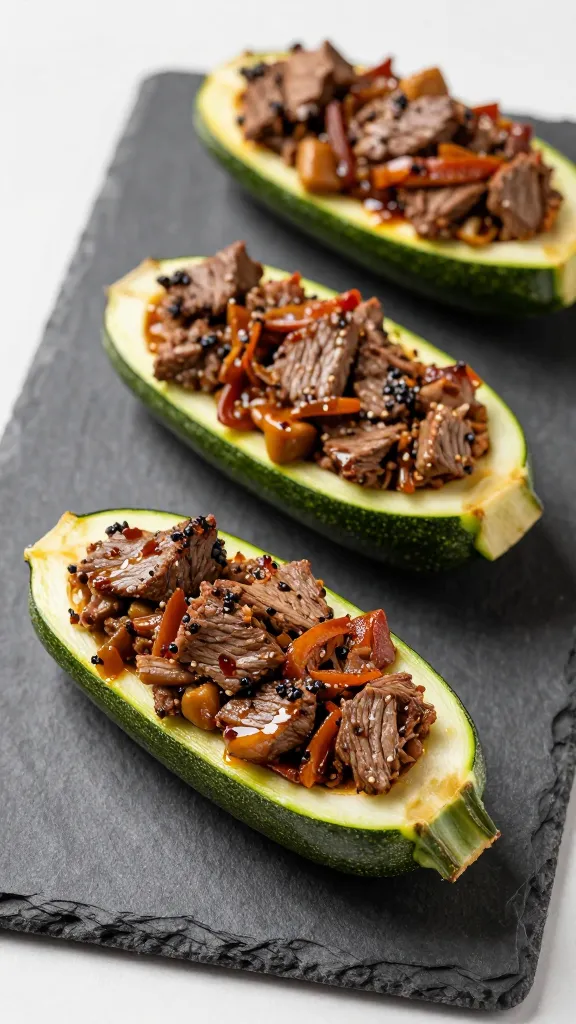 Stuffed zucchini boats with leftover BBQ beef on slate board