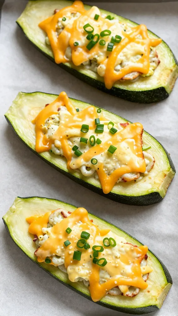 Overhead baked zucchini boats topped with cheddar and scallions