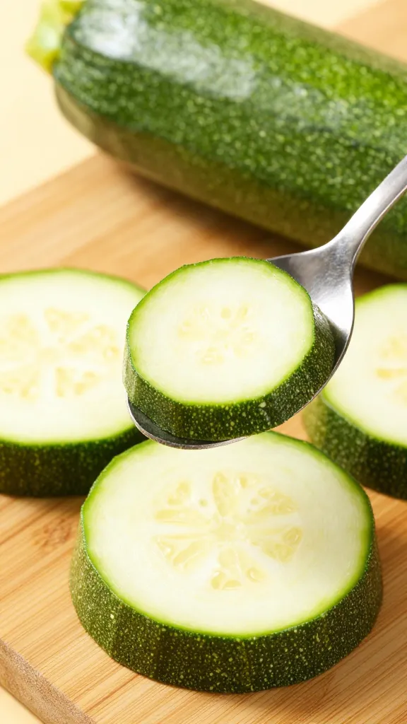 Raw halved zucchini being scooped with spoon on wooden board