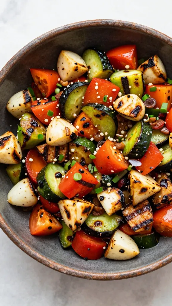 smoky grilled veggie salsa in rustic bowl, overhead
