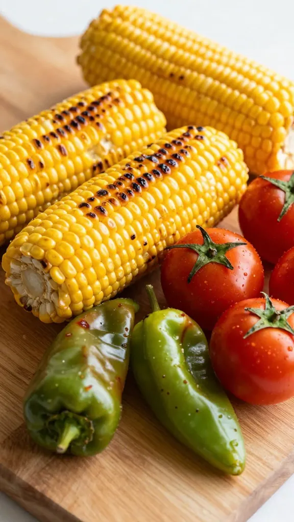charred corn, peppers, and tomatoes on cutting board, close-up