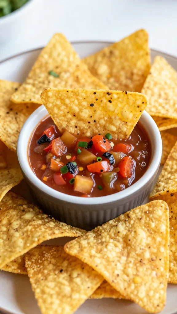 tortilla chips dipping into leftover grilled salsa, natural light