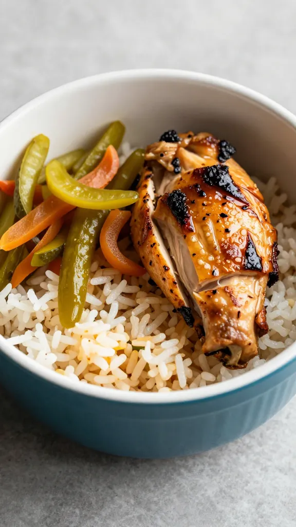 Colorful leftover bowl with rice, grilled chicken, pickled veggies