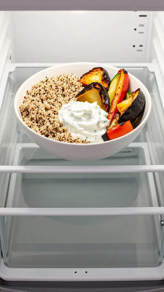 Overhead fridge-leftovers bowl: quinoa, roasted veggies, herby yogurt