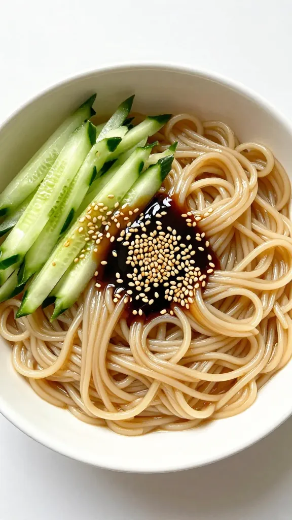 Summer leftover bowl with cold noodles, cucumbers, sesame dressing