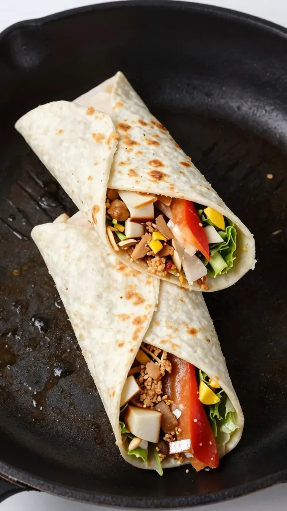 chopped leftover burger fajita wrap on skillet, overhead