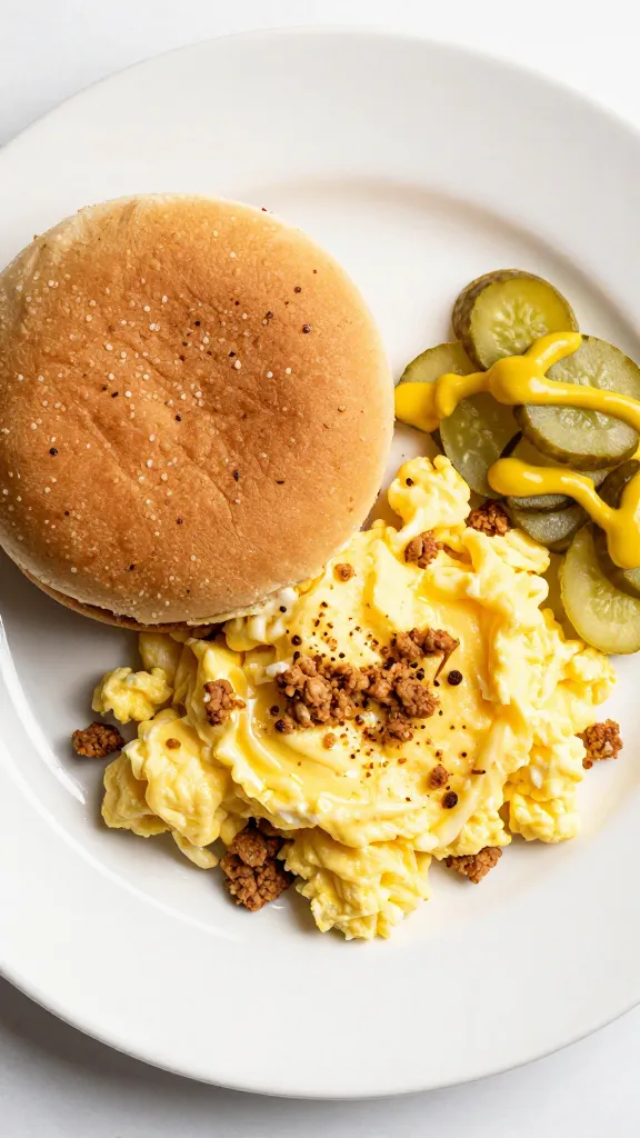 scrambled eggs with crumbled burger, pickles, mustard, diner plate