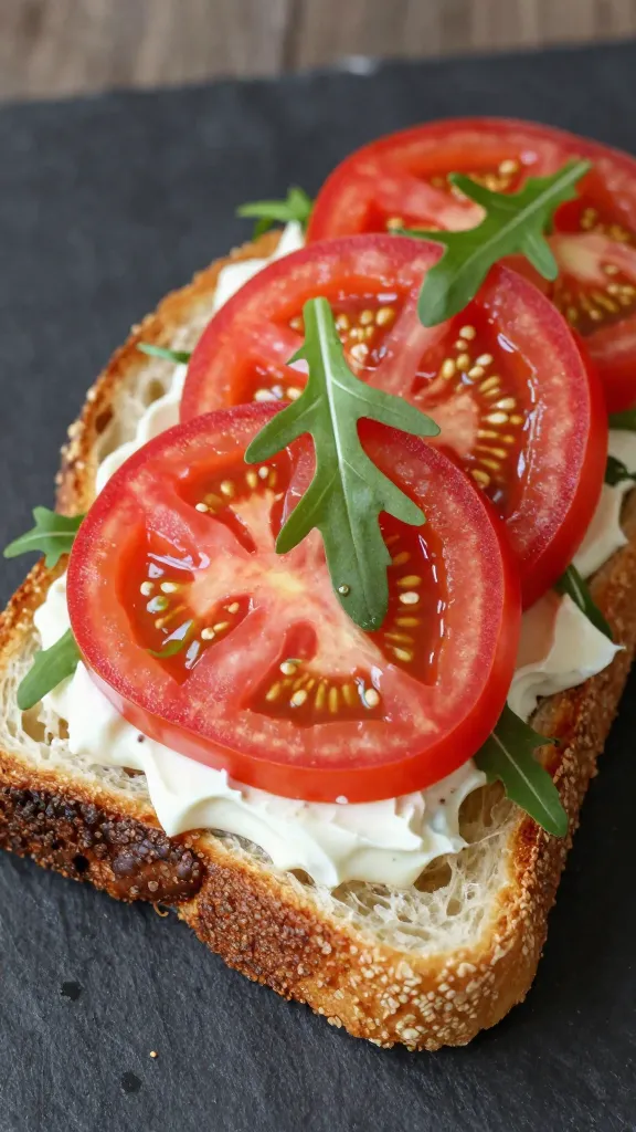 sliced burger tartine with tomato, arugula, mayo on toast