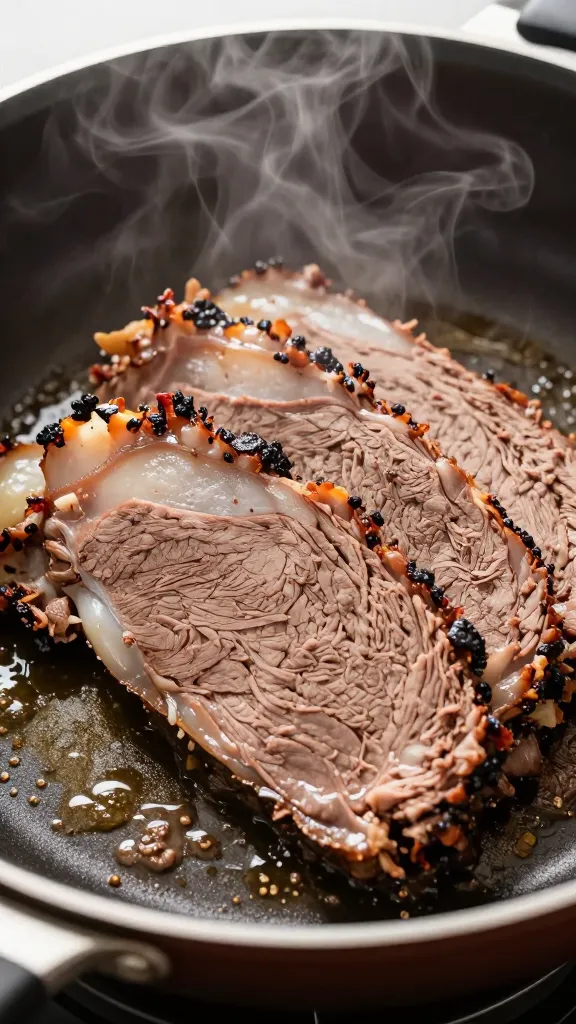 sliced leftover brisket reheated in skillet with steam