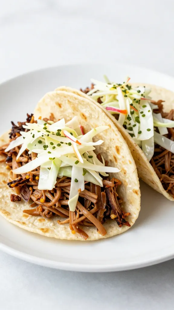 pulled pork tacos with cabbage slaw on white plate