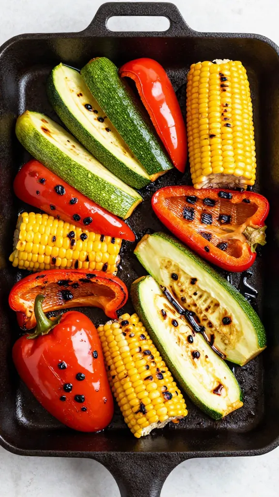 Mixed grilled veggies—peppers, zucchini, corn—on cast-iron tray