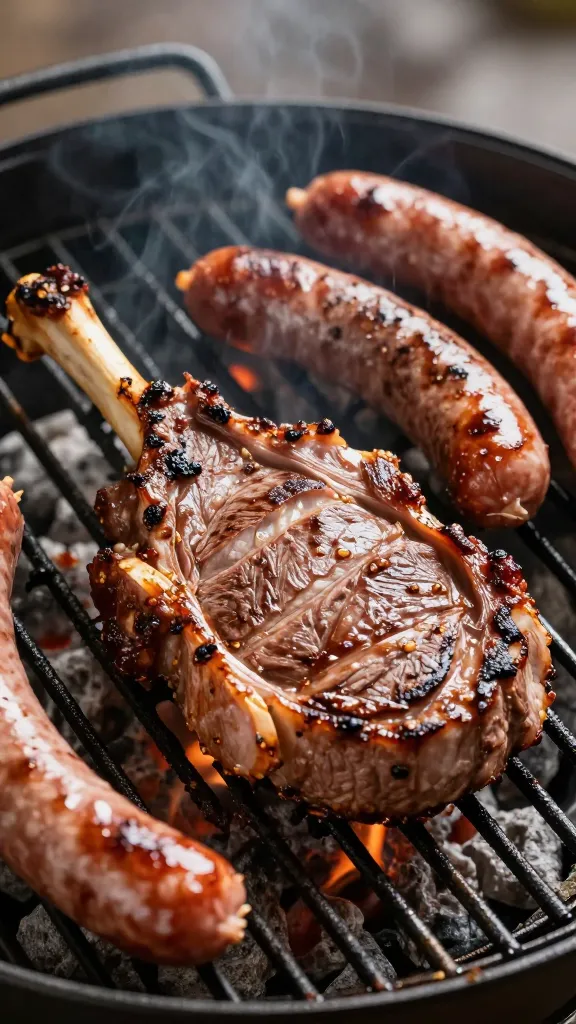 Flank steak slices and sausages on smoky grill grates
