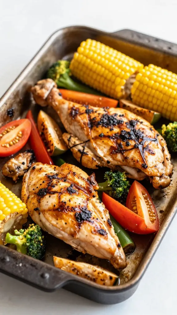 Grilled chicken, veggies, and corn on sheet pan