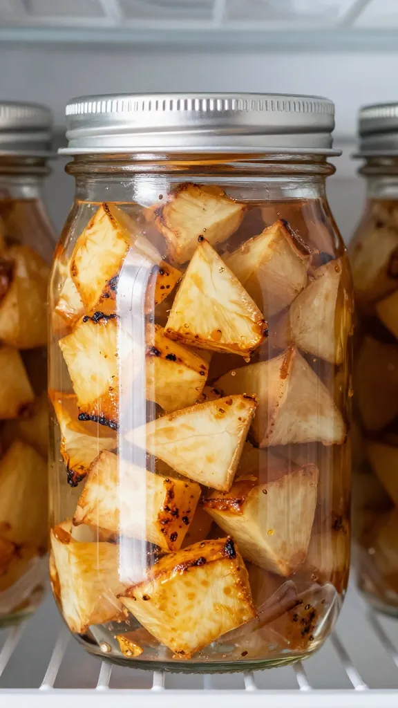 Mason jars with chopped grilled leftovers in fridge