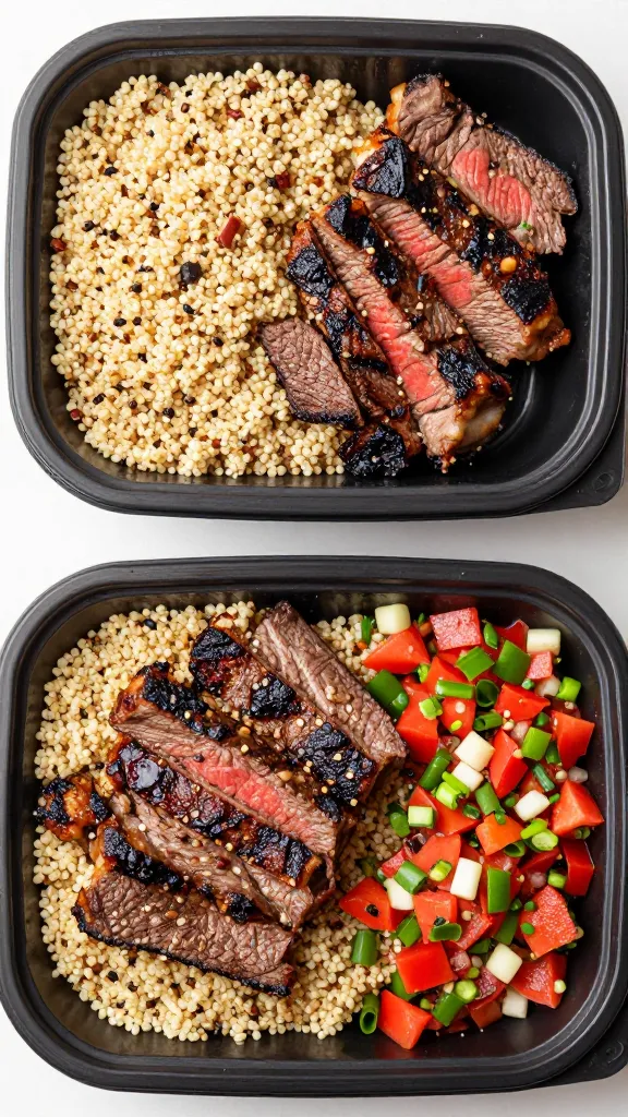 Meal prep bowls with charred steak, quinoa, and salsa
