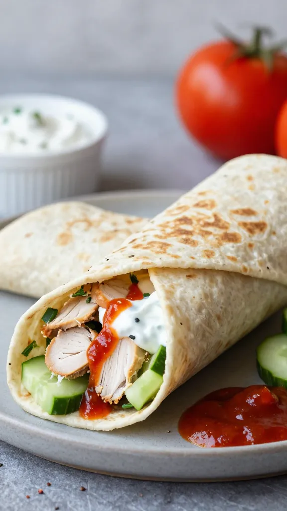 zesty chicken wraps with yogurt, cucumbers, hot sauce