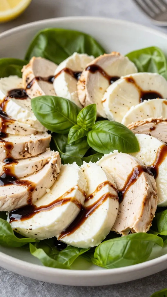 chicken caprese salad with mozzarella, basil, balsamic drizzle