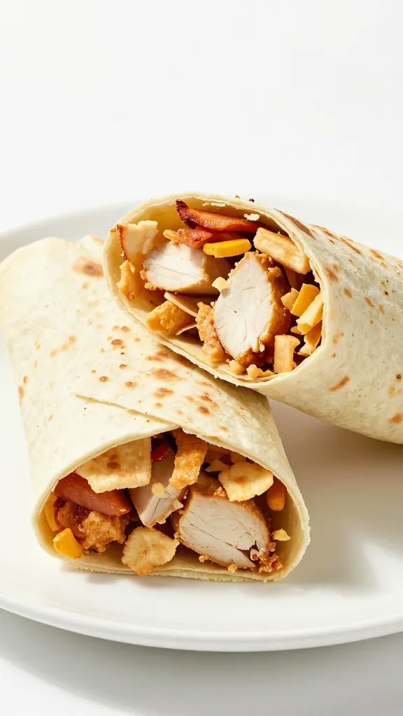 crushed pita chip chicken wrap on white plate, bright light