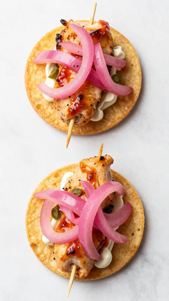 mini chicken skewer tostadas with pickled onions, overhead