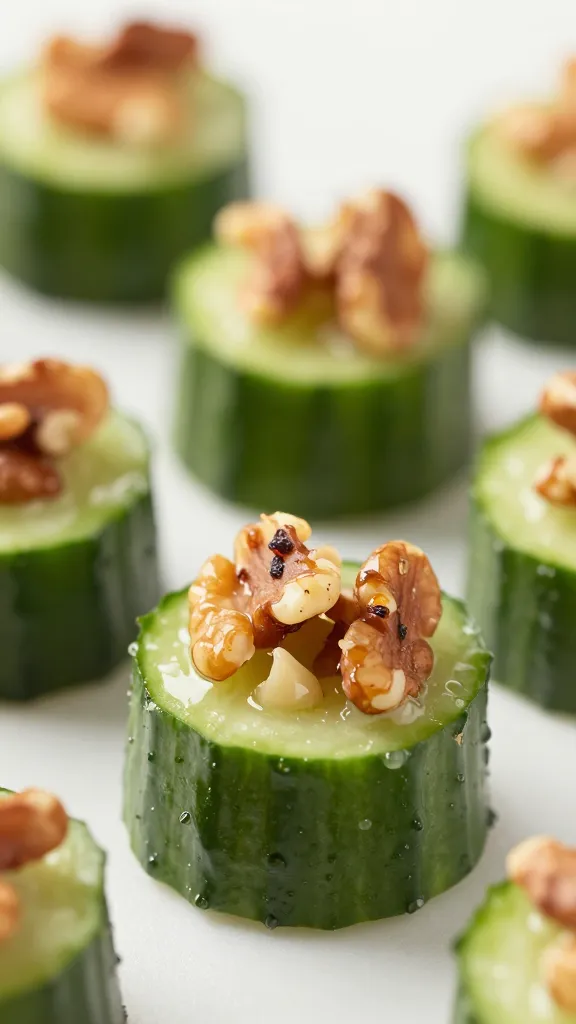 leftover dip-filled cucumber cups with toasted nuts, macro shot