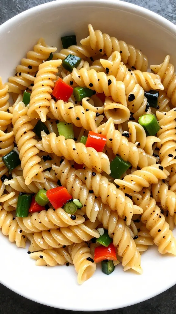 leftover mixed pasta salad with crunchy veggies, white bowl