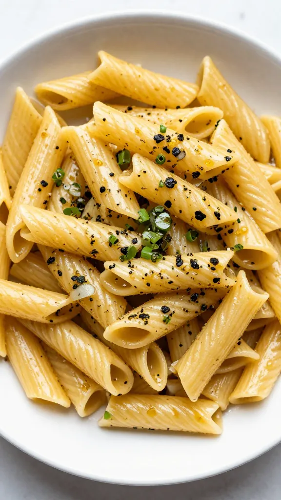 chilled rotini pasta tossed with zesty vinaigrette, overhead
