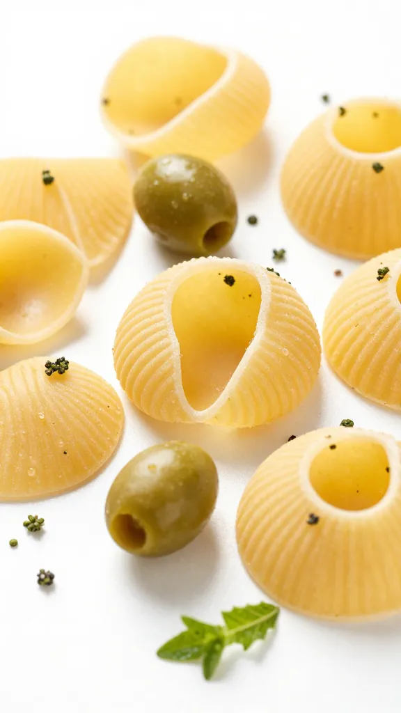 rustic pasta shapes, olives and herbs, bright summer light