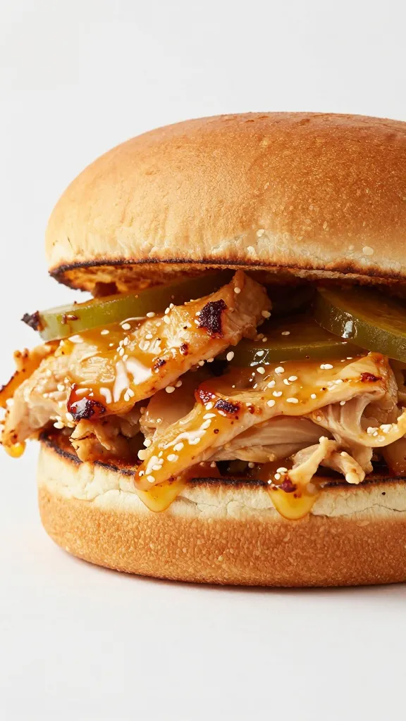 Slaw-topped pulled chicken sandwich on toasted brioche bun