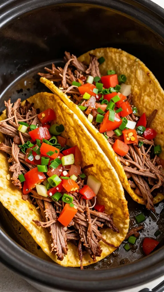 shredded leftover steak tacos in crockpot with fresh salsa