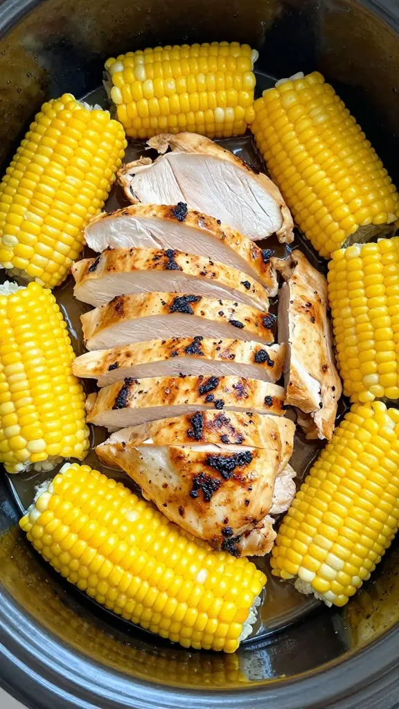 sliced leftover grilled chicken over summer corn in slow cooker