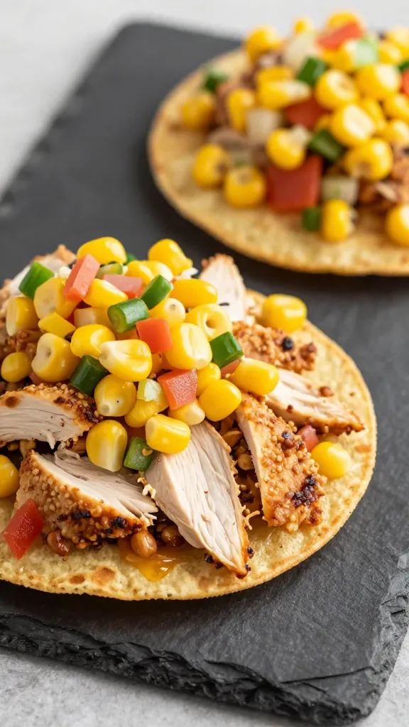 leftover chicken tostadas with corn salsa on slate board