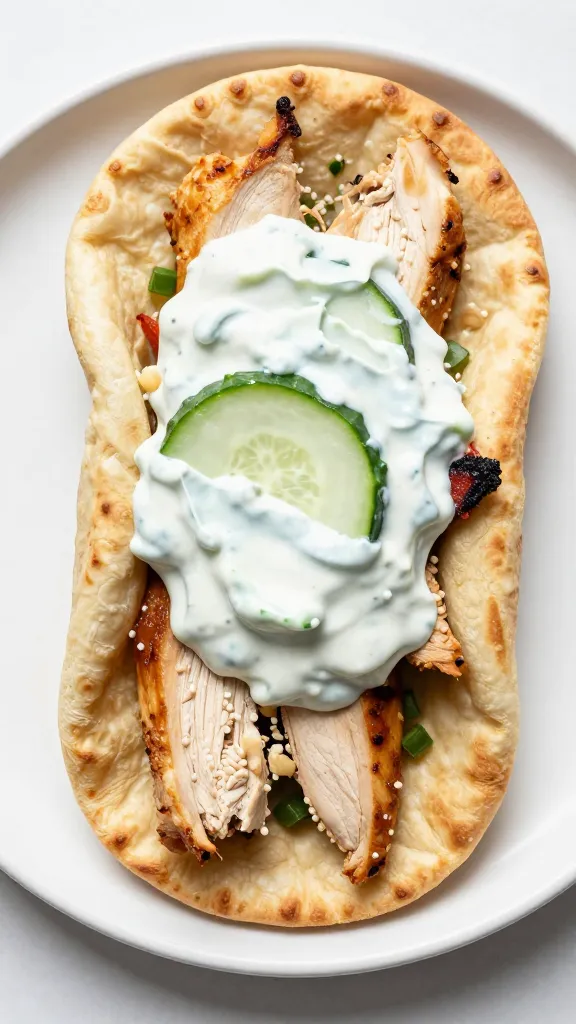 Mediterranean chicken pita with cucumber yogurt sauce, overhead shot