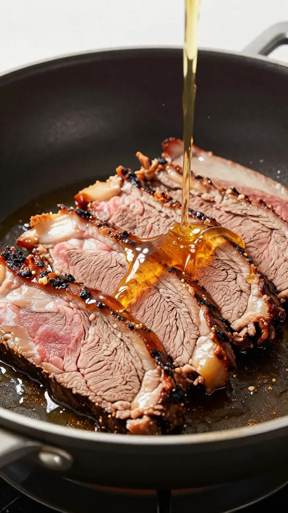 sliced leftover brisket searing in skillet with apple cider splash