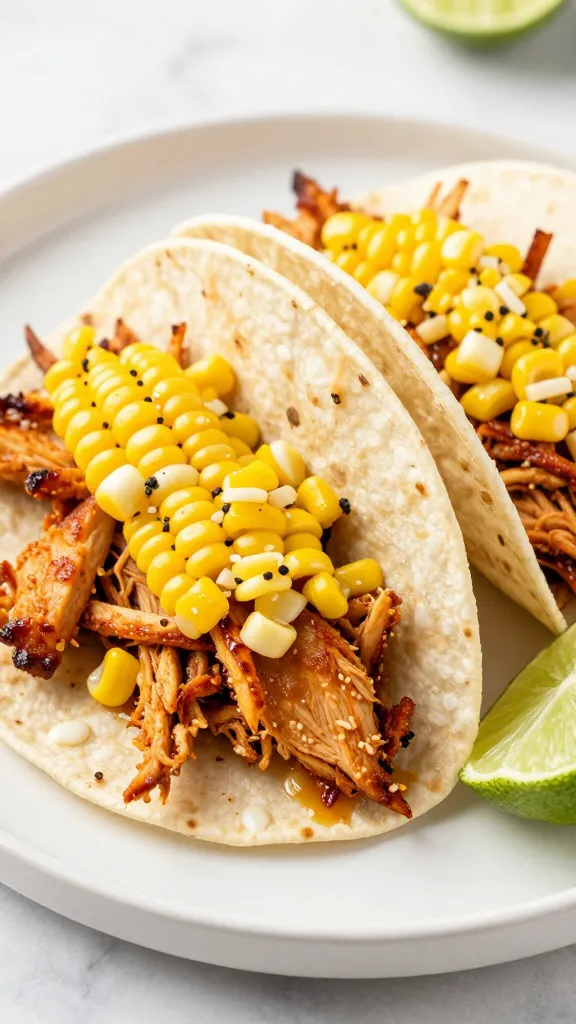 shredded bbq chicken tacos with summer corn and lime wedges