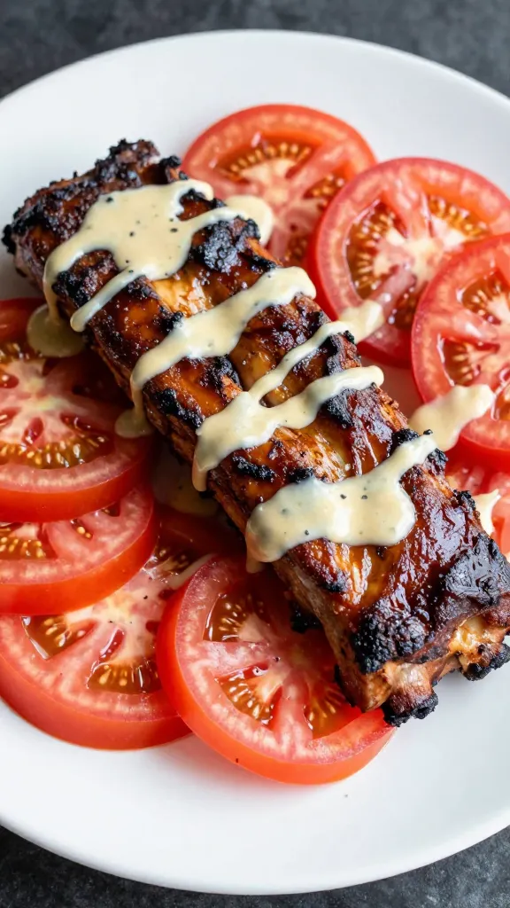 chopped smoked ribs over fresh tomato salad, drizzle of vinaigrette