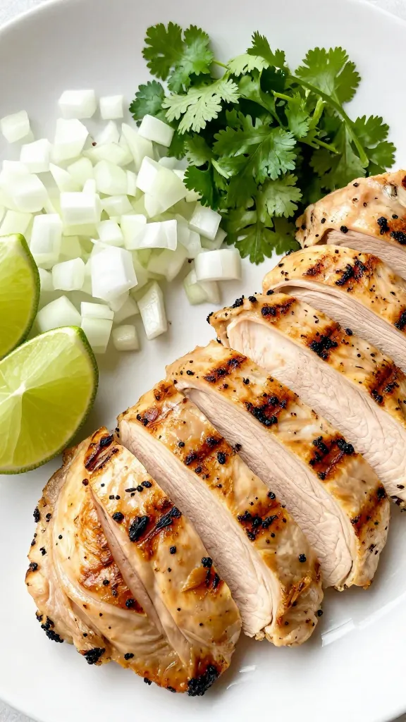 chopped onion, cilantro, lime wedges beside sliced grilled chicken