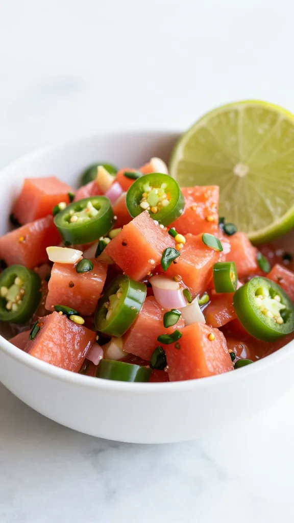 speedy pico de gallo in bowl with jalapeño and lime