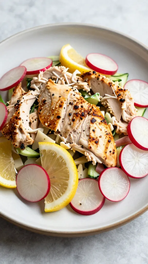 lemon-drizzled leftover chicken salad with radishes on ceramic plate